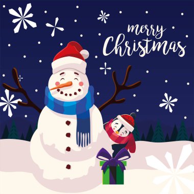 Mutlu Noeller kardan adam pengueni ve hediye vektör tasarımı