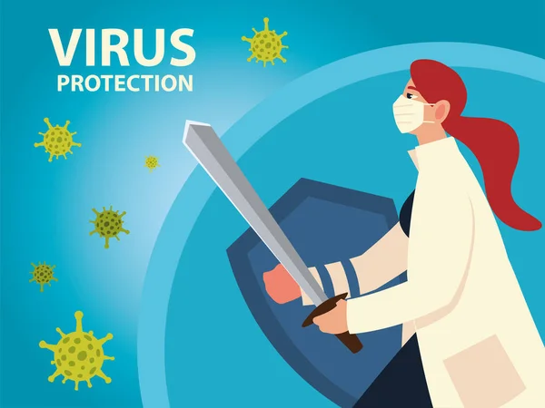 Covid 19 proteção do vírus e mulher médico com máscara escudo e espada vetor design — Vetor de Stock