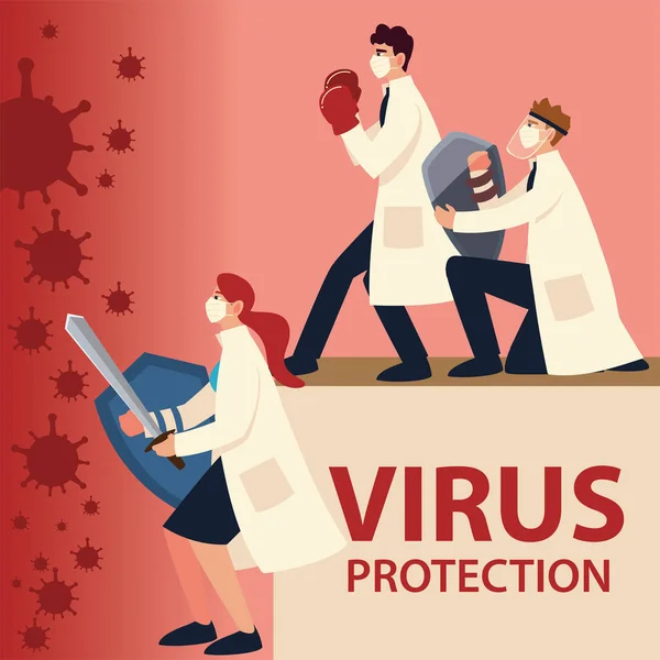 Covid 19 virus protection and doctors with masks shields and sword vector design — Stock Vector