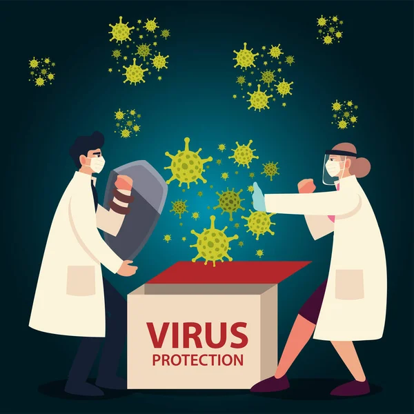 Covid 19 virus protección médicos con máscaras escudo y guantes diseño vectorial — Vector de stock