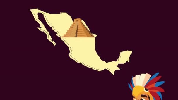 Kultúra azték piramis és a bennszülöttek mexikói térkép animáció — Stock videók