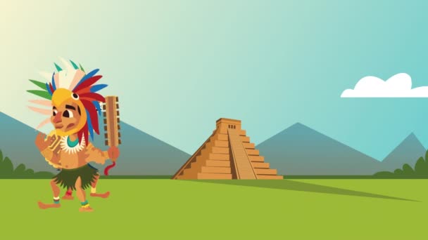 Culture aztec pyramid and natives group scene animation — Stock Video