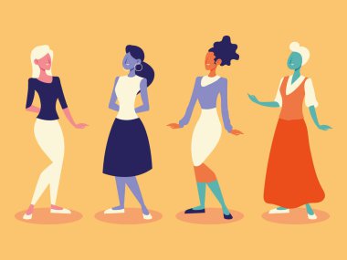 Sarı arka planda duran çeşitli kadın grupları.