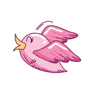 Beyaz arka planda uçan küçük sevimli pembe kuş çizgi filmi çizilmiş el tarzı