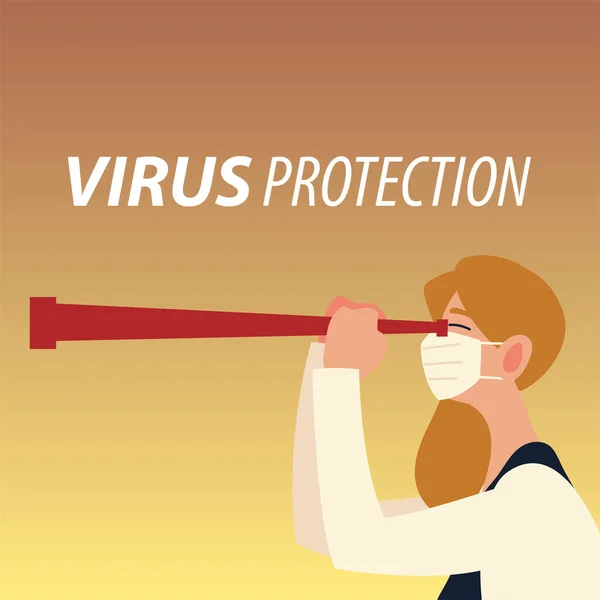 Covid 19 mulher de proteção de vírus com máscara e design de vetor de telescópio — Vetor de Stock