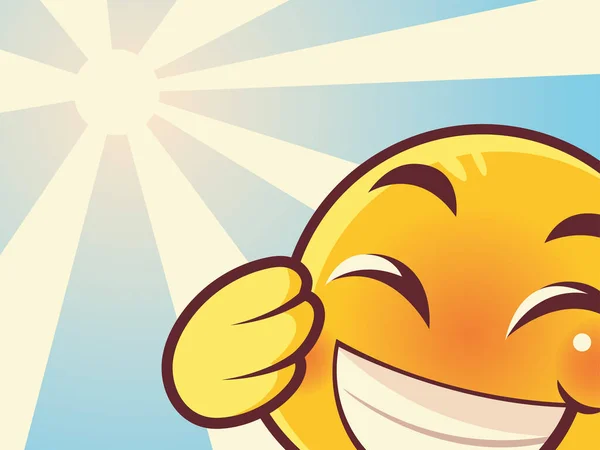 Emoji engraçado, emoticon rindo rosto mídia social sunburst fundo — Vetor de Stock
