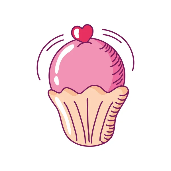 Feliz día de San Valentín dulce cupcake con corazón amor mano dibujado estilo — Vector de stock