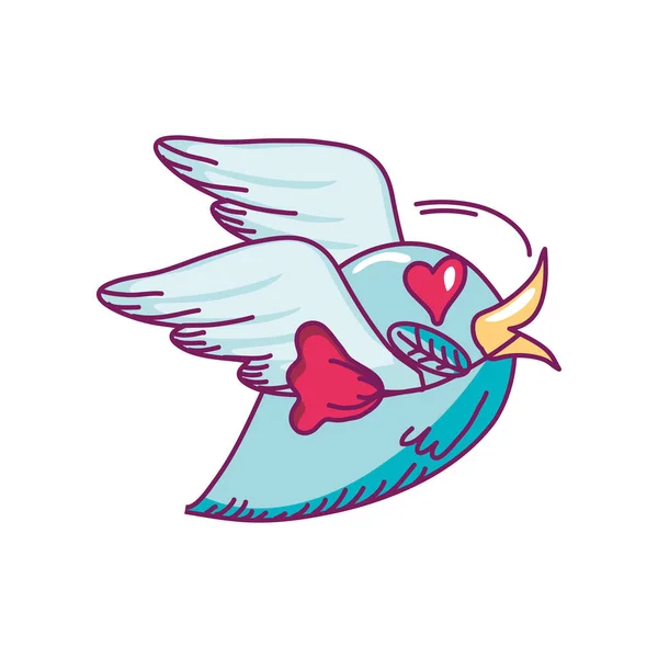 Joyeuse Saint Valentin oiseau volant mignon avec fleur en bec style dessiné à la main — Image vectorielle