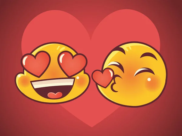 Emoji visages expression drôle baiser et réactions d'amour sur fond de coeur — Image vectorielle