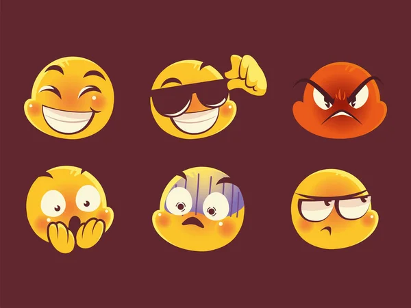 Emoji enfrenta expressão engraçado sorriso feliz humor zangado triste conjunto — Vetor de Stock