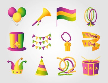 Mardi Gras dekorasyonu ve kutlama ikonları. Balonlar, davul şapkaları ve flamalar.