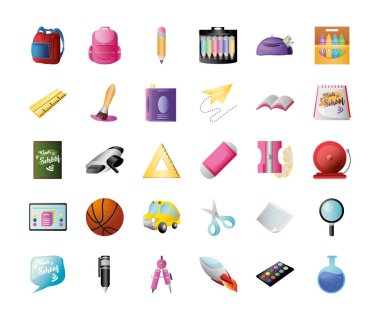 Sırt çantası, kalem topu cetvel simgeleri gibi okul eğitim malzemelerine geri dön