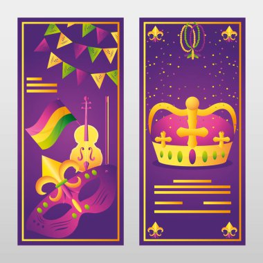 Mardi gras pankartları ve taç maskeli keman müzik flamaları süslemeler