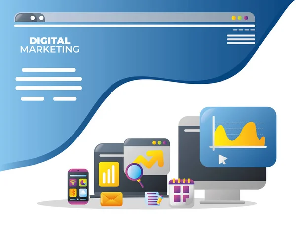 Marketing numérique ordinateur internet entreprise email promotion marché app — Image vectorielle