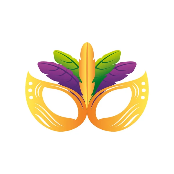 Mardi gras máscara de carnaval de ouro com penas decoração — Vetor de Stock