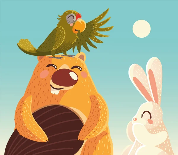 Niedlichen Biber mit Papagei und Kaninchen sonnigen Tag Cartoon Tiere — Stockvektor