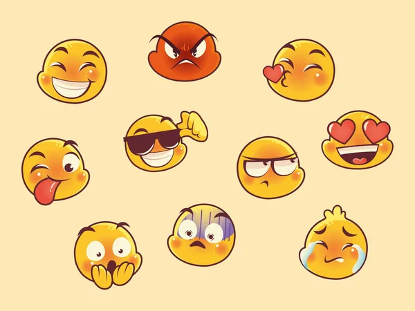 Emoji enfrenta ícones de coleção de mídia social reação de expressão —  Vetores de Stock