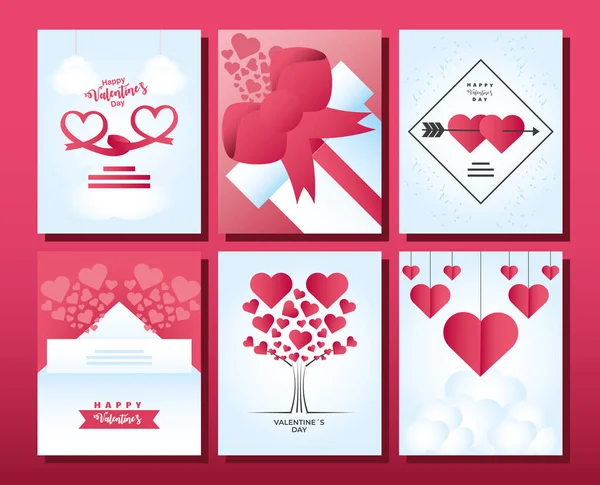 Happy valentines day icons set cards with tree hearts gif and ribbon celebration — Stock Vector