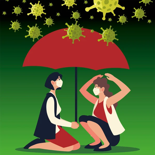 Ковад 19 вірус і жінки з масками і парасолькою Векторний дизайн — стоковий вектор