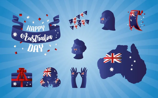 День Австралии, флаг страны с людьми профиль руки карты воздушные шары и значки подарок — стоковый вектор