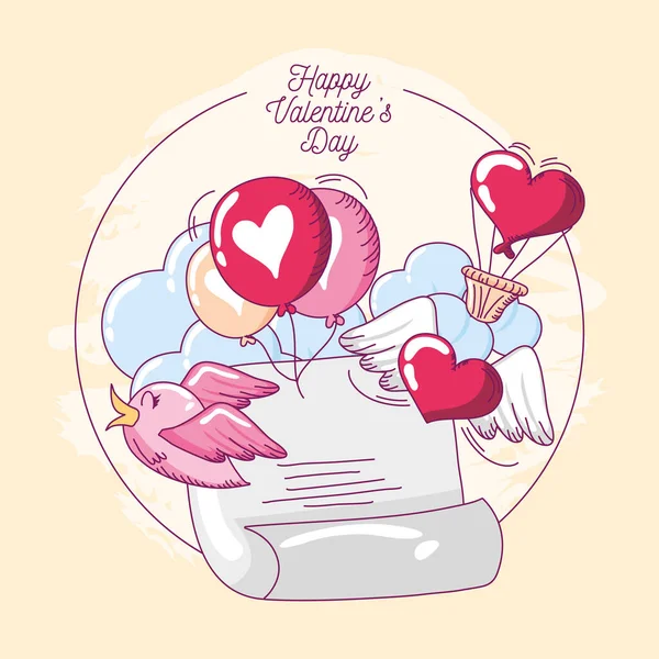 Feliz Valentim, cartão de saudação balões de pássaros e mensagem estilo desenhado à mão — Vetor de Stock