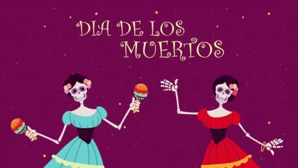 Animación día de los muertos con esqueletos femeninos — Vídeos de Stock