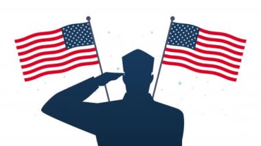 Mutlu gaziler günü animasyonu. Askerler siluet ve Amerikan bayraklarını kurtarıyor.