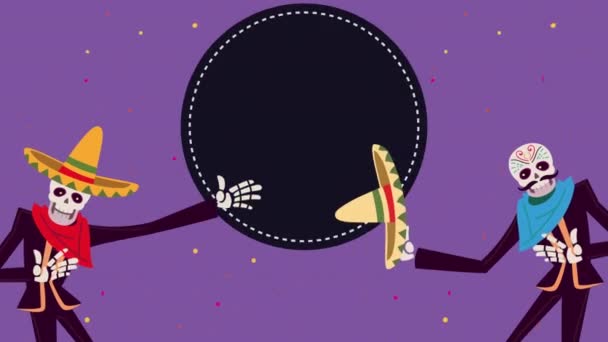 Dia de los muertos animasi dengan kerangka mariachis — Stok Video