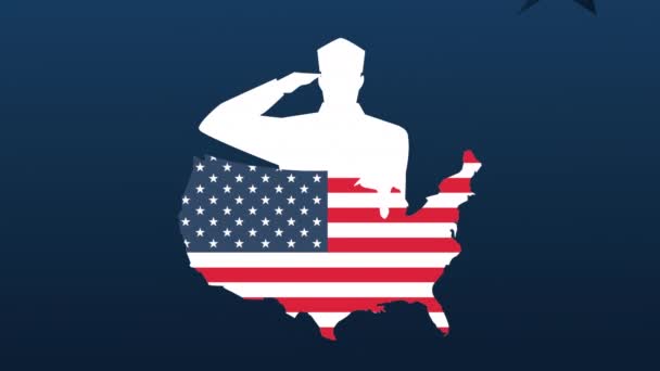 Happy veterans day animation with soldiers saludating silhouette and usa map — Stock Video