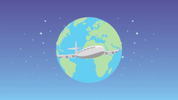 Airplane flying travel with earth planet animation — Stock Video