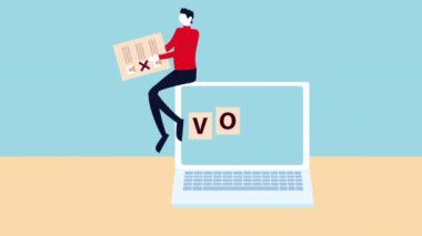 Seçim günü demokratik animasyonu, insanın dizüstü bilgisayarında oy kartını kaldırmasıyla