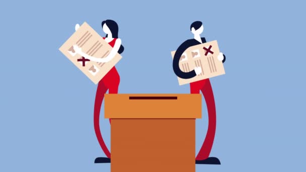 Verkiezingsdag democratische animatie met paar heffen stemkaarten in urn — Stockvideo