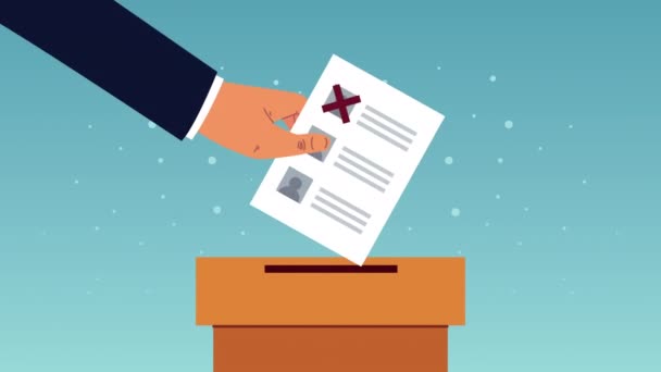 Dia da eleição animação democrática com a mão inserindo cartão de voto na urna — Vídeo de Stock