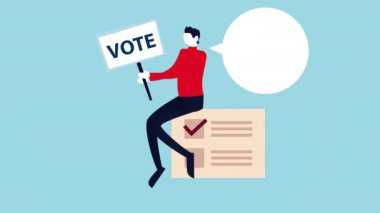 Seçim günü demokratik animasyon erkek seçmen bayrağı kaldırıyor