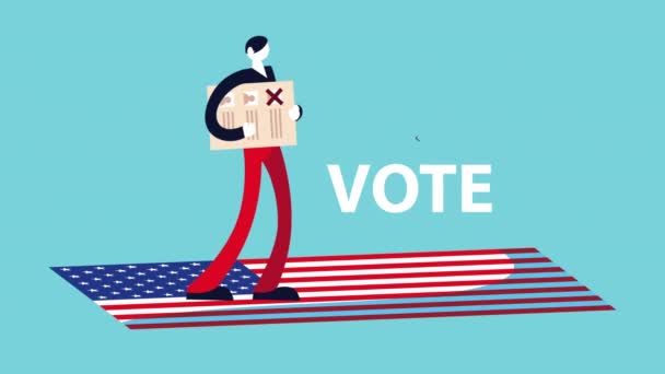 Демократическая анимация в день выборов с мужским избирателем и флагом — стоковое видео