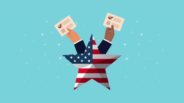 Valdag demokratisk animation med händerna lyfta röstkort i usa stjärna — Stockvideo