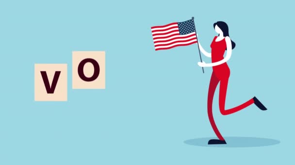 Демократическая анимация в день выборов с женским избирателем и флагом США — стоковое видео