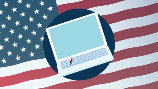 Día de las elecciones animación democrática con los votantes pareja levantando tarjetas de votación en el ordenador portátil — Vídeos de Stock