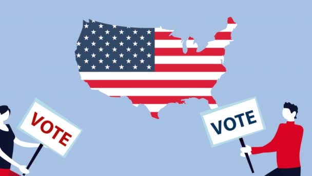 Verkiezingsdag democratische animatie met kiezers paar met banners en de Amerikaanse vlag in kaart — Stockvideo