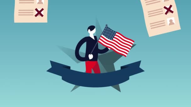 Verkiezingsdag democratische animatie met stemkaarten en man tillen VS vlag — Stockvideo