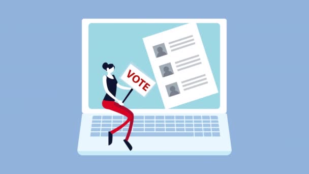 День выборов демократическая анимация с женским избирателем с баннером в ноутбуке — стоковое видео