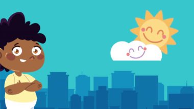 Mutlu afro küçük çocuk şehir animasyon karakteri