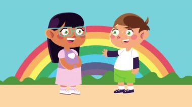 Gökkuşağı animasyon karakterli mutlu küçük çocuklar.