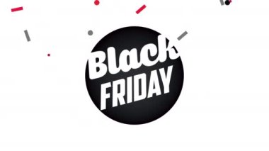 Kara Cuma satışı animasyonu. Harfler ve konfetiler dairesel çerçevede.