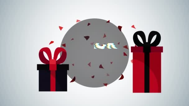 Анимация распродажи черной пятницы с надписью и подарками — стоковое видео