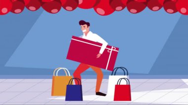 Hediye kutusu animasyon karakteri olan erkek alıcı müşteri