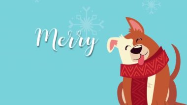 Noel elbisesi ve yazıları olan sevimli küçük bir köpek.