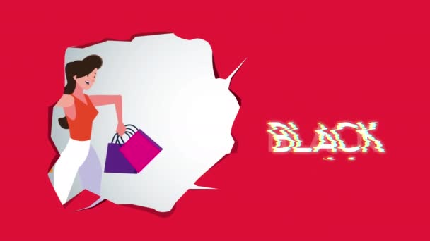 Fekete péntek eladó betűző animáció a nő és a bevásárló táskák — Stock videók