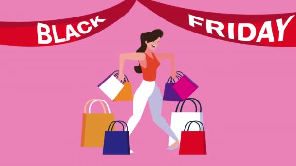Чорна п'ятниця продаж анімація з жінкою і сумки для покупок — стокове відео
