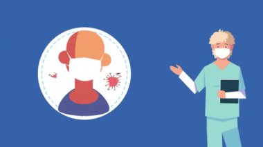 Hasta ve kovid19 animasyonu olan profesyonel kadın doktor.